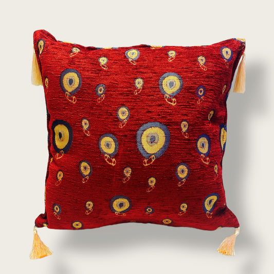 Handwoven Ethnic Throw Pillow – Nazar Boncuk (Evil Eye) Motif with Tassel Accents