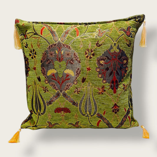 Handwoven Ethnic Throw Pillow – Ottoman-Inspired Floral Design with Tassel Accents