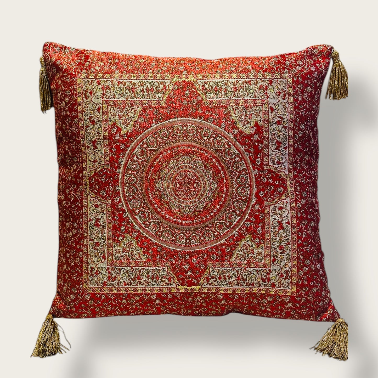 Handwoven Ethnic Throw Pillow – Traditional Ornamental Design with Tassel Accents