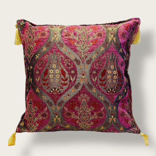 Handwoven Ethnic Throw Pillow – Ottoman Tulip Motif with Tassel Accents