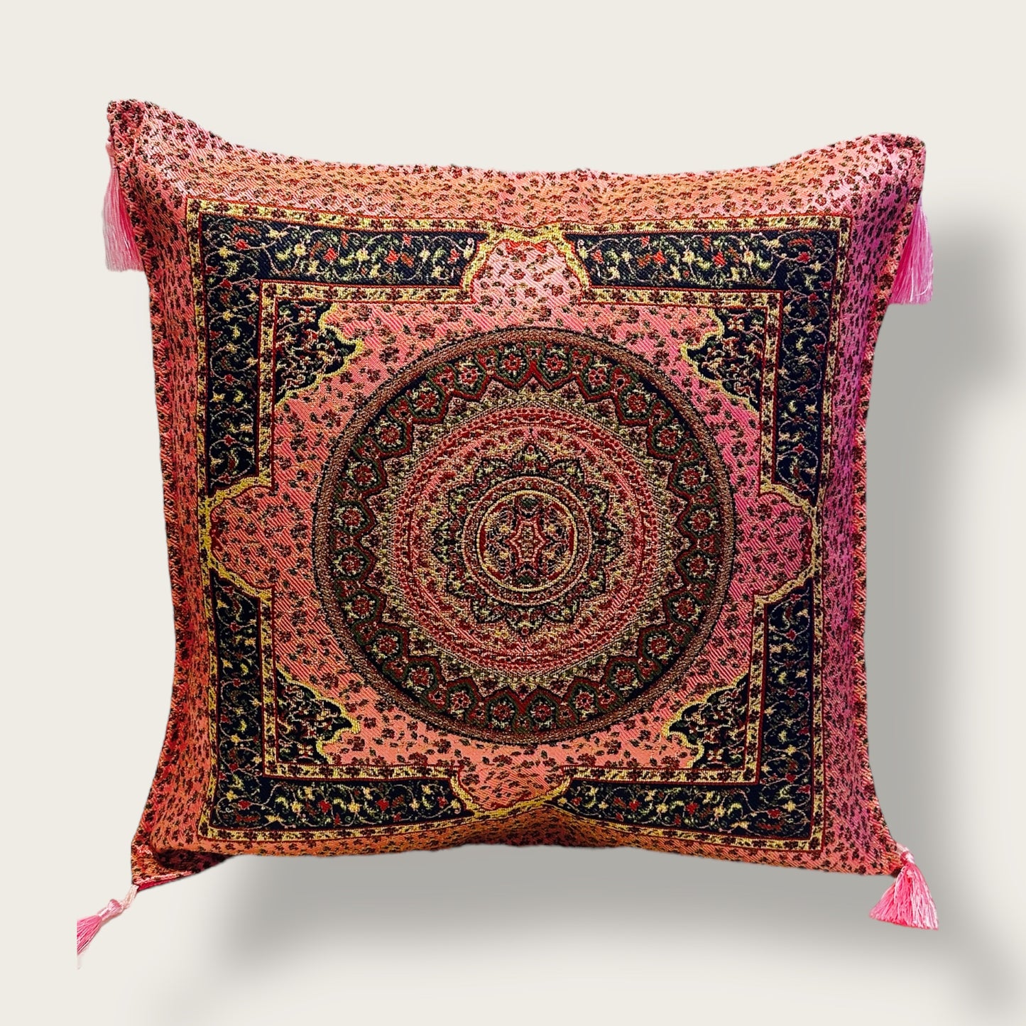 Handwoven Ethnic Throw Pillow – Traditional Ornamental Design with Tassel Accents