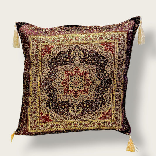 Handwoven Ethnic Throw Pillow – Persian Carpet-Inspired Design with Tassel Accents