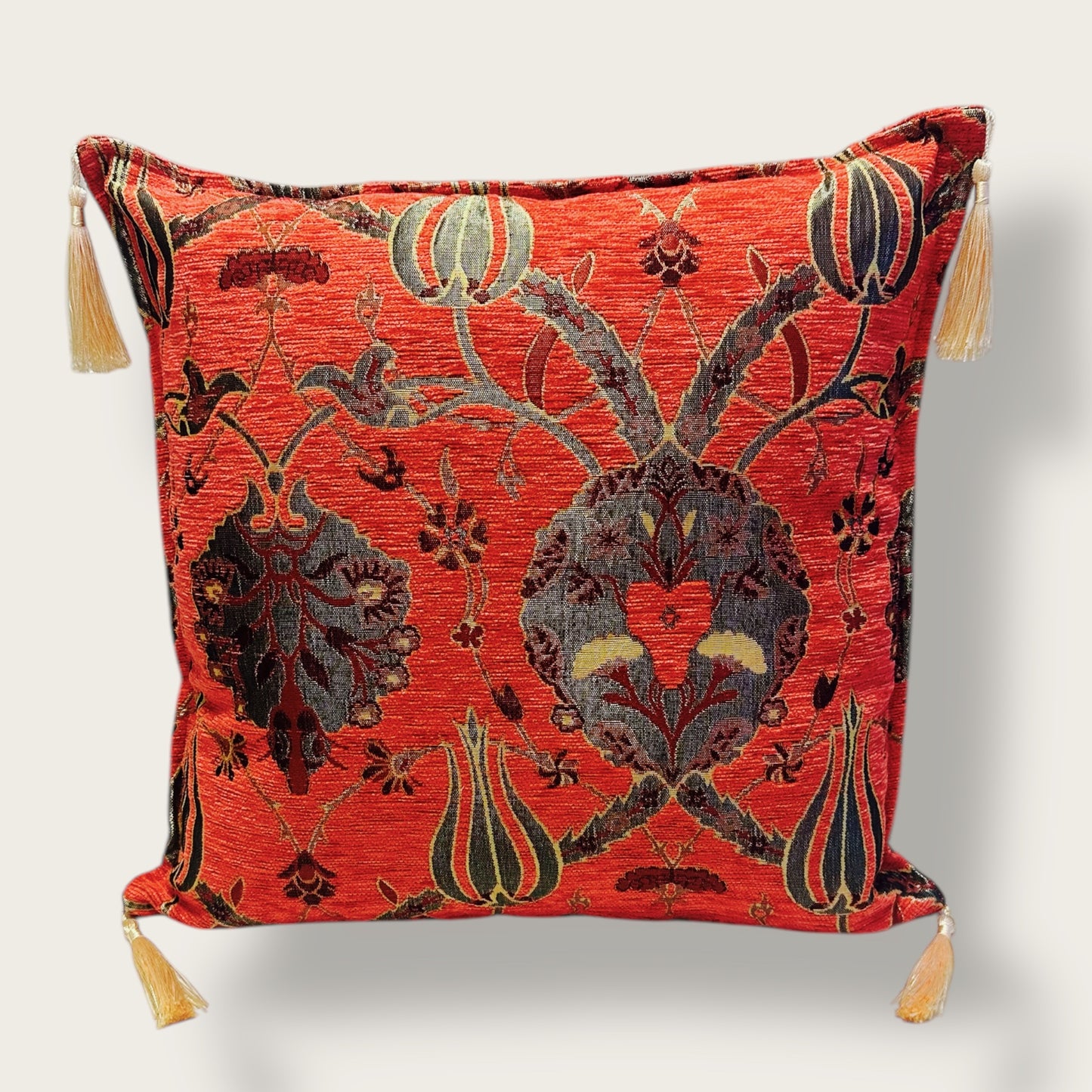 Handwoven Ethnic Throw Pillow – Ottoman-Inspired Floral Design with Tassel Accents