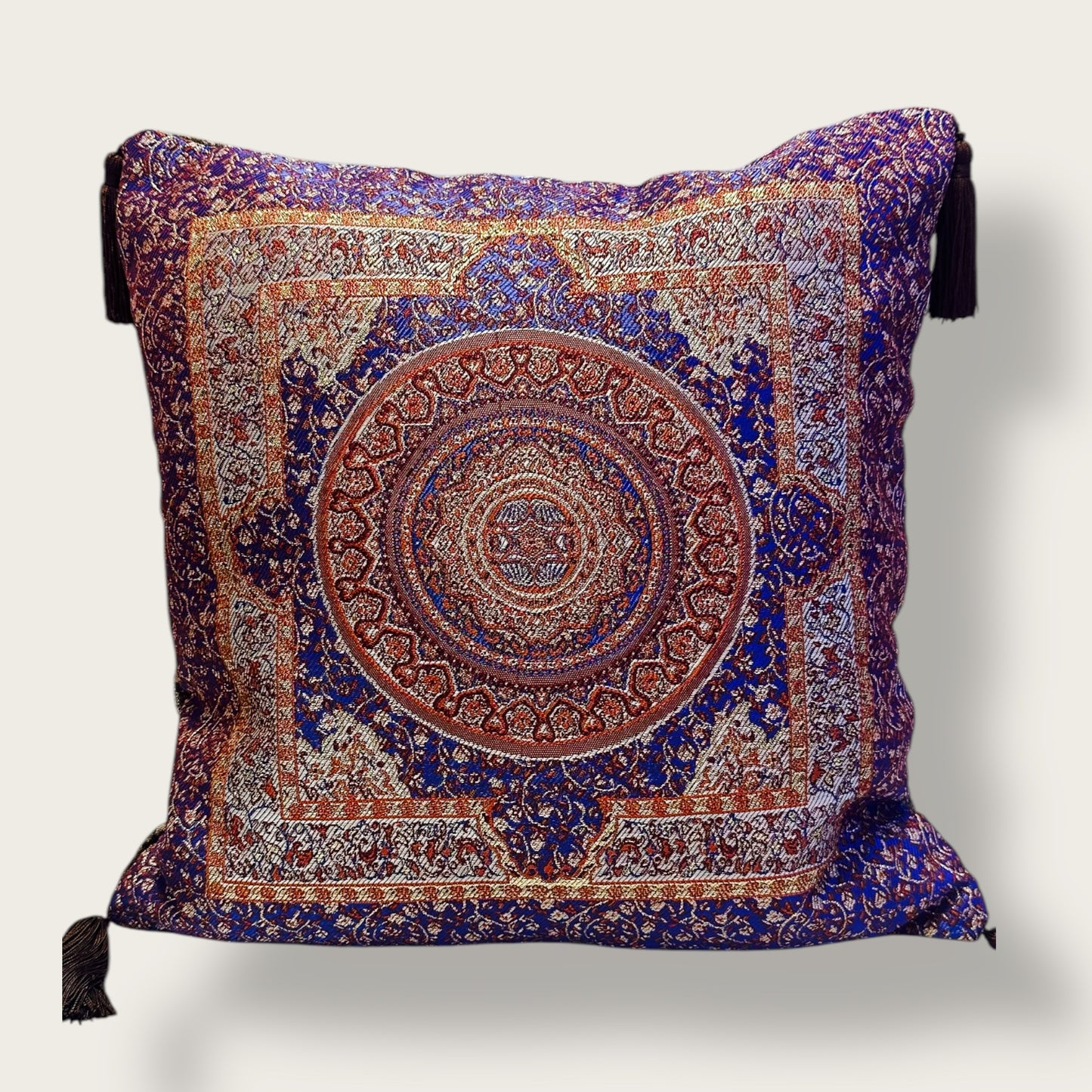 Handwoven Ethnic Throw Pillow – Traditional Ornamental Design with Tassel Accents