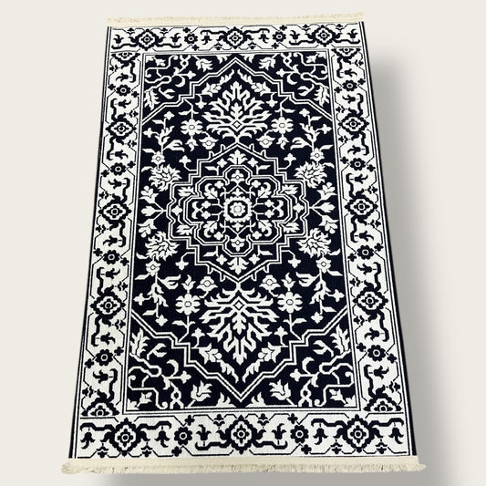 Classic Oriental Printed Rug – Black & White Traditional Floral Motif