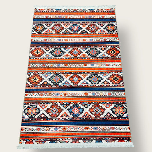 Kilim-Inspired Printed Rug – Striped Tribal Geometric Design