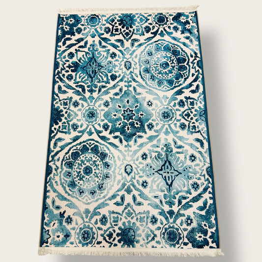 Blue Vintage-Style Printed Rug – Elegant Distressed Oriental Design